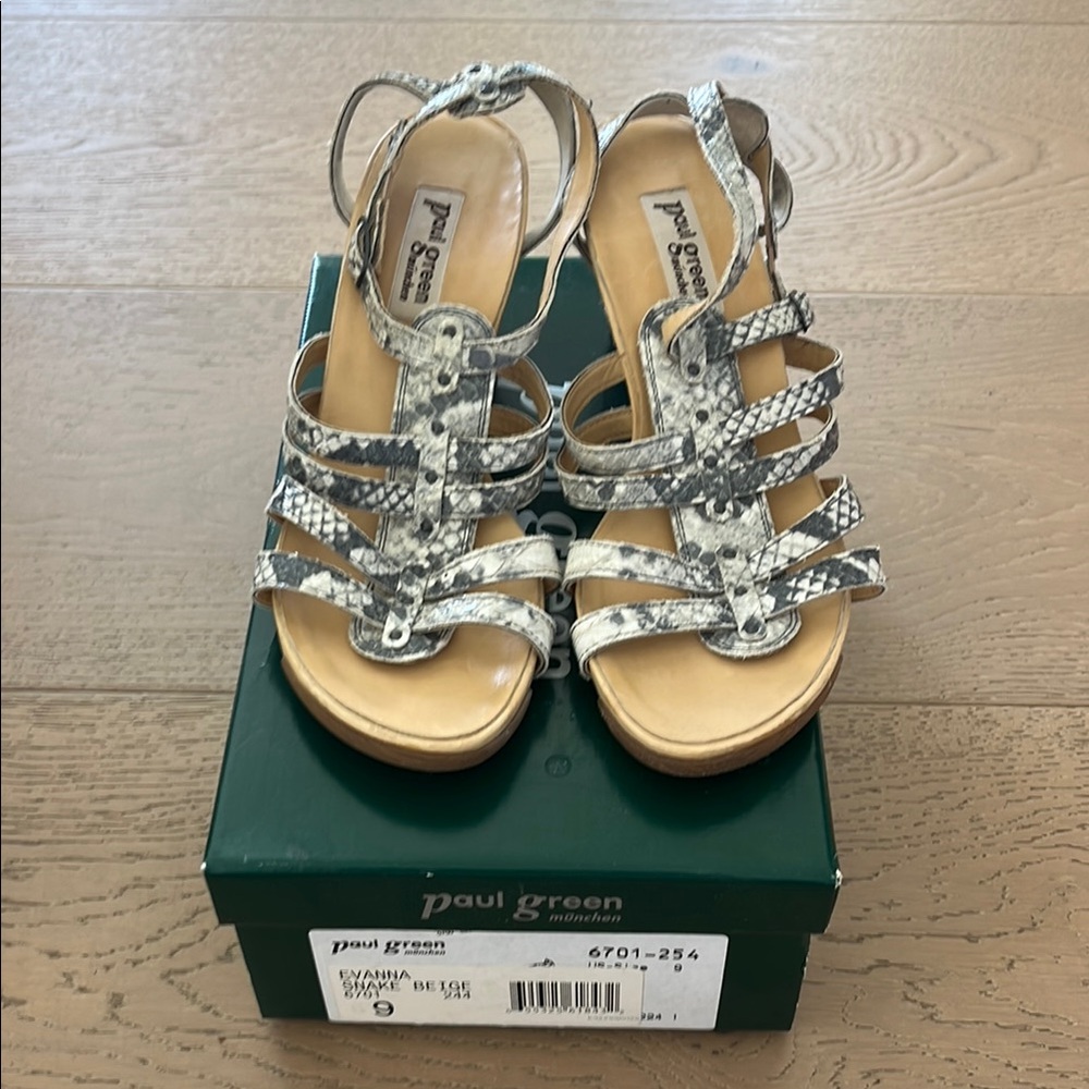 Paul Green Evanna Strappy Sandals snakeskin RFfia Wedge 9